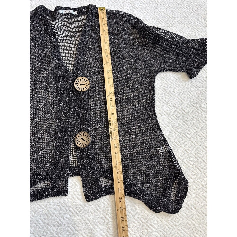 Lulu B Cardigan Mesh Black Slub Wood Button Front Sharkbite Lagenlook Sz L - Picture 8 of 8
